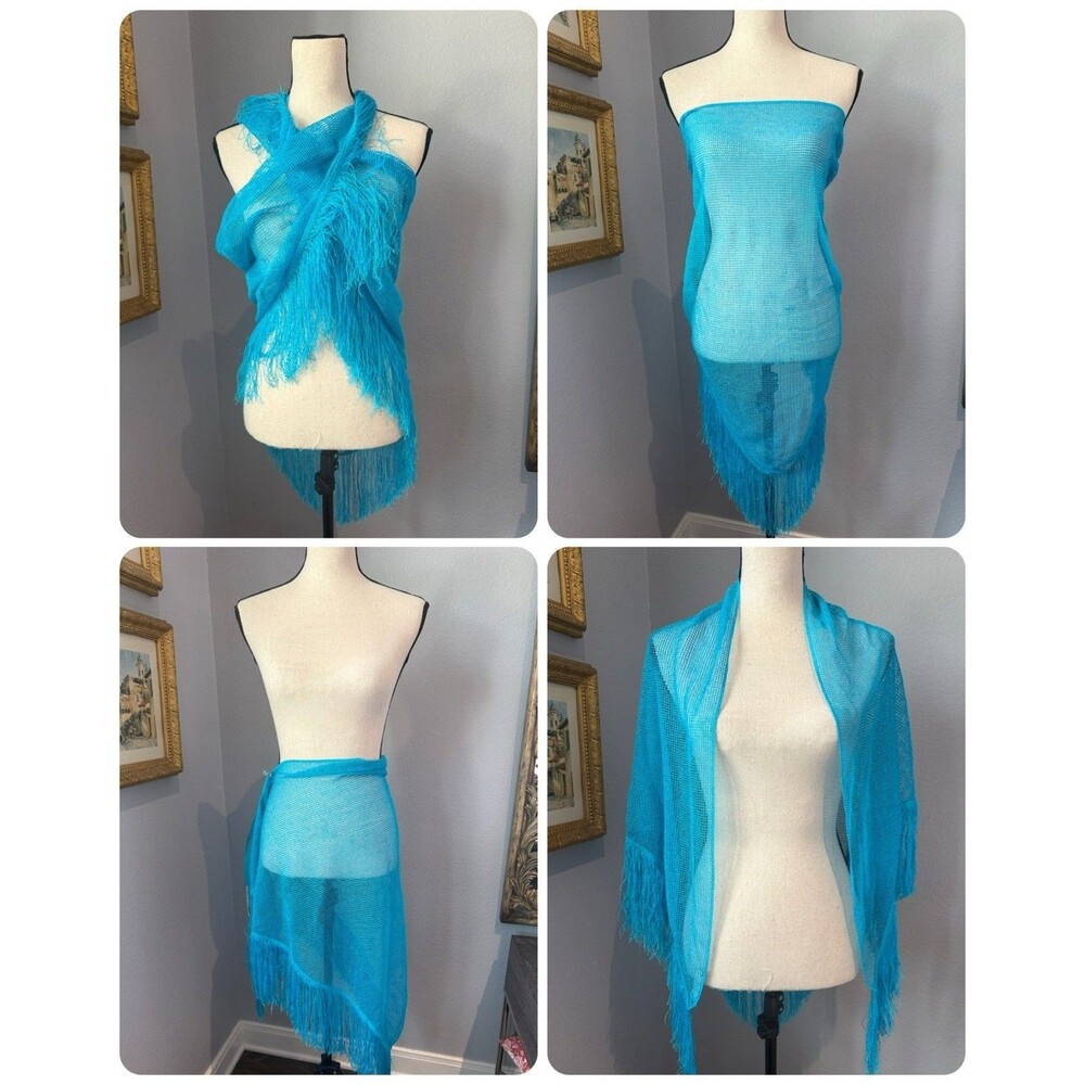 Turquoise Fringe Shawl Wrap Boho Stevie Nicks Made Italy Beach Cover Up Western